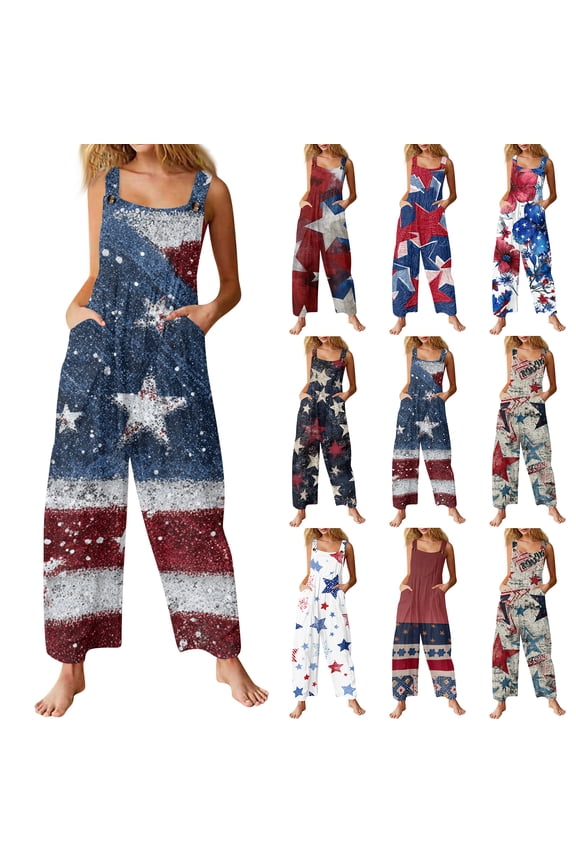 Women's Patriotic Bib Overalls With Stars And Stripes Print Featuring Vintage Distressed Look Loose Wide Leg Jumpsuit White S