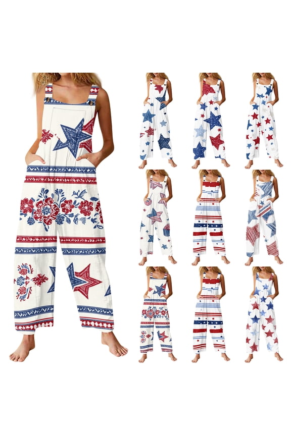 Women's Patriotic Bib Overalls With Stars and Stripes Print Featuring Vintage Distressed Look Loose Wide Leg Jumpsuit with Side Pockets Light Blue S