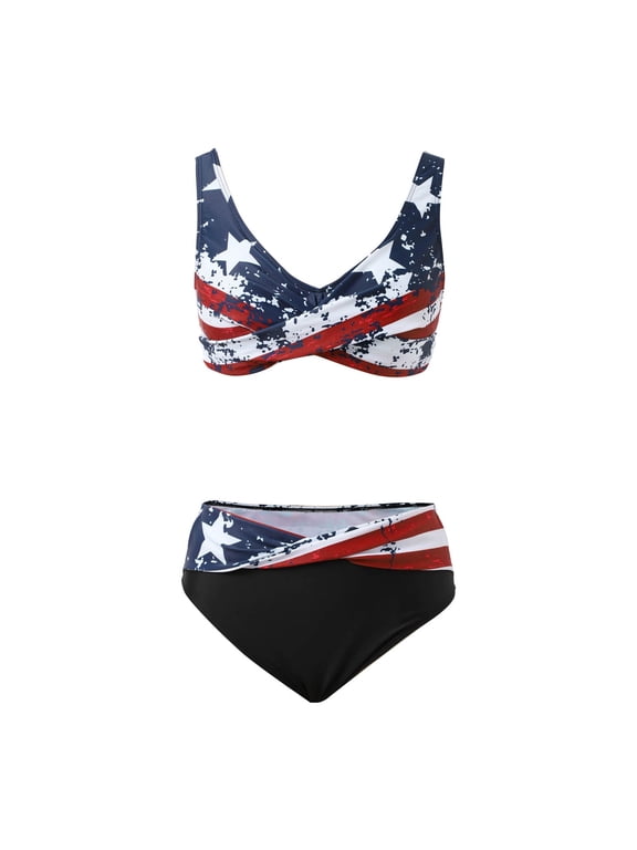 Women's Patriotic Bikini Sets Hollow Out Two Piece American Flag Swimsuits Cutout 4th of July Bathing Suit Swimsuit Top And Bottom for Beach