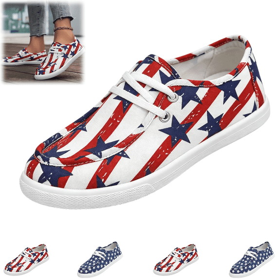Women's Patriotic Canvas Sneakers, America Print Low-Top Slip-On Shoes, American Flag Star Stripes Casual Walking Shoes for 4th of July,Red,43