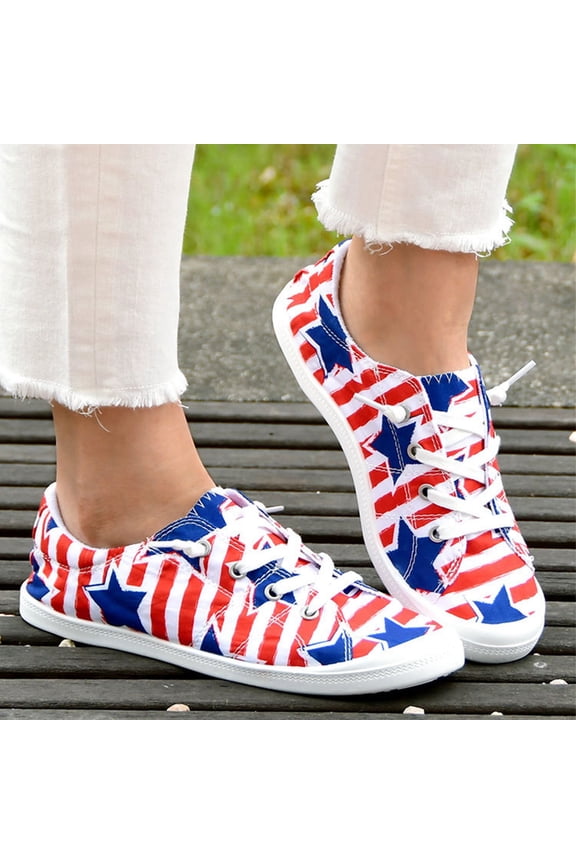 Women's Patriotic Canvas Sneakers America Print Low-Top Slip-On Shoes Lightweight Breathable Comfortable Non-Slip Casual Shoes for Women 4th of July Independence Day Outdoor Wear,Blue 41(US-8)