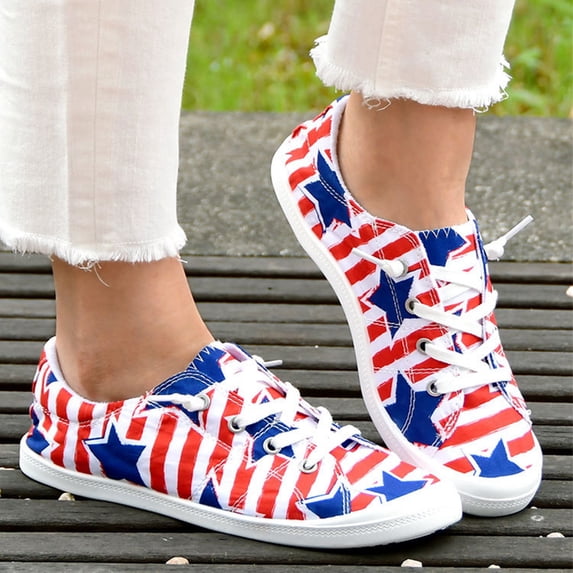 Women's Patriotic Canvas Sneakers America Print Low-Top Slip-On Shoes Lightweight Breathable Non-Slip Comfortable Durable Casual Shoes for Women 4th of July Patriotic Events Wear,Blue 39(US-7)