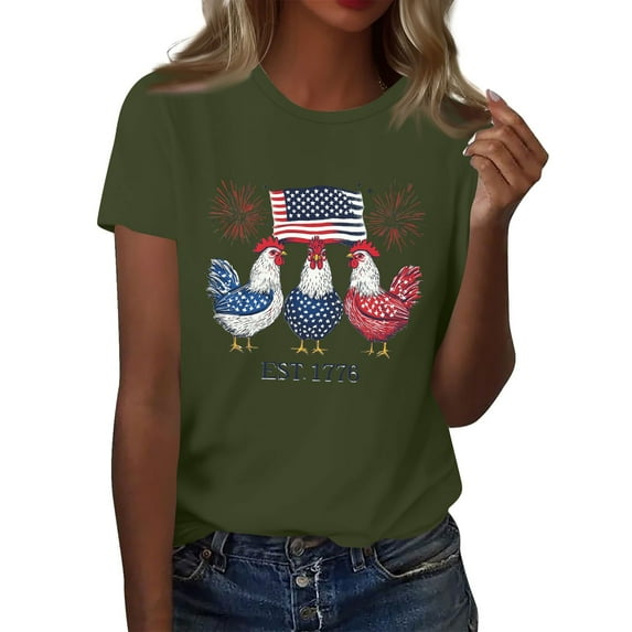 Women's Patriotic Chicken Graphic T-Shirt USA Flag & Fireworks Design 4th of July Casual Tee EST. 1776 Pink Shirt