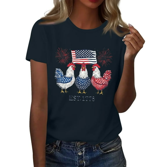 Women's Patriotic Chicken Graphic T-Shirt USA Flag & Fireworks Design 4th of July Casual Tee EST. 1776 Pink Shirt