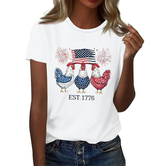 Women's Patriotic Chicken Graphic T-Shirt USA Flag & Fireworks Design 4th of July Casual Tee EST. 1776 Pink Shirt