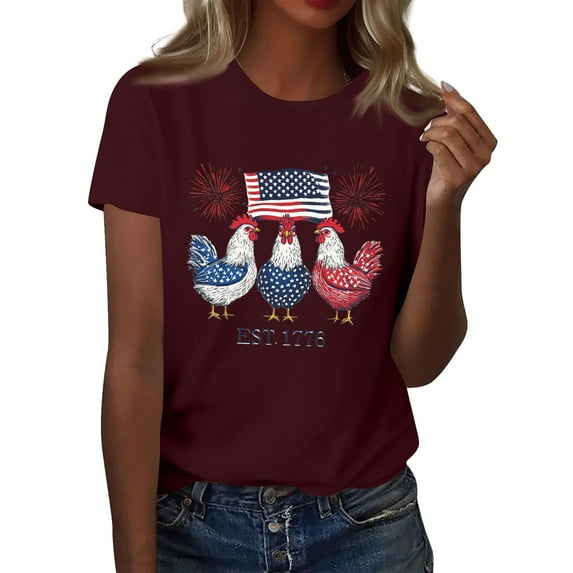 Women's Patriotic Chicken Graphic T-Shirt USA Flag & Fireworks Design 4th of July Casual Tee EST. 1776 Pink Shirt