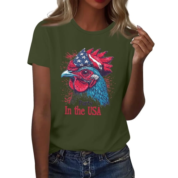 Women's Patriotic Chicken Graphic Tee Party in the USA T-Shirt Casual Summer Short Sleeve Breathable Summer Tops