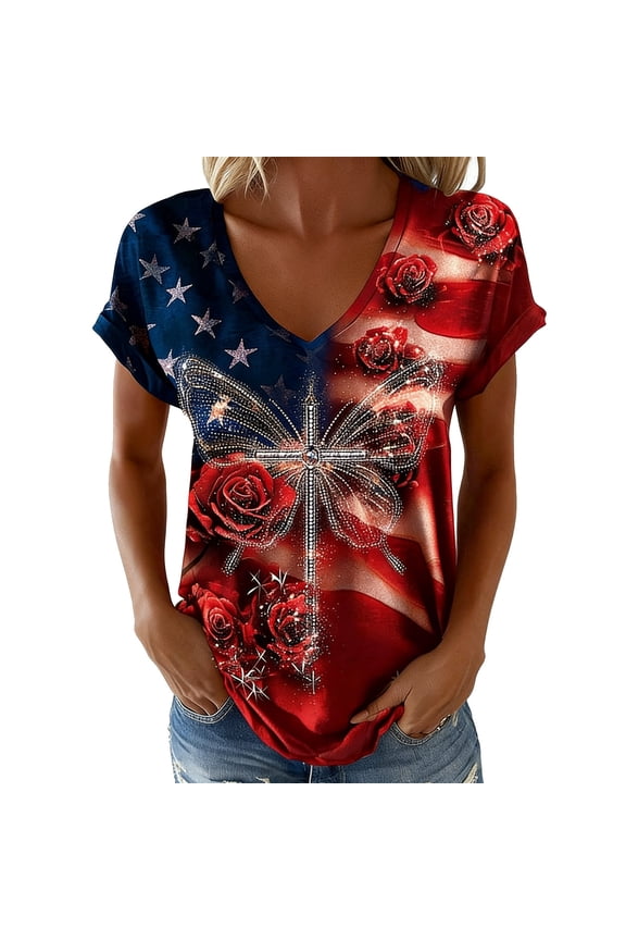 Women's Patriotic Cross Butterfly V Neck T-Shirt, Rhinestone Print American Flag Tee, 4th of July Short Sleeve Casual Tops