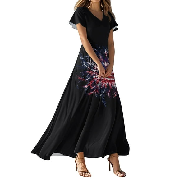 Women's Patriotic Feather Print V-Neck Maxi Dress, American Flag Inspired Short Sleeve Summer Casual Dress for 4th of July ,Black XL