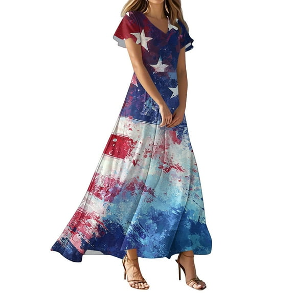 Women's Patriotic Feather Print V-Neck Maxi Dress, American Flag Inspired Short Sleeve Summer Casual Dress for 4th of July ,Blue M