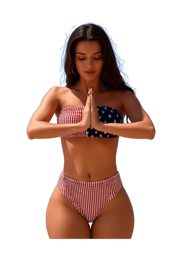Women's Patriotic Flag Print Bandeau Bikini Set - High-Waisted Textured Two-Piece Swimsuit