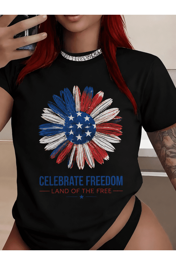 Women’s Patriotic Floral Graphic T-Shirt, Red White Blue Flower Tee, Celebrate Freedom Casual Summer Top