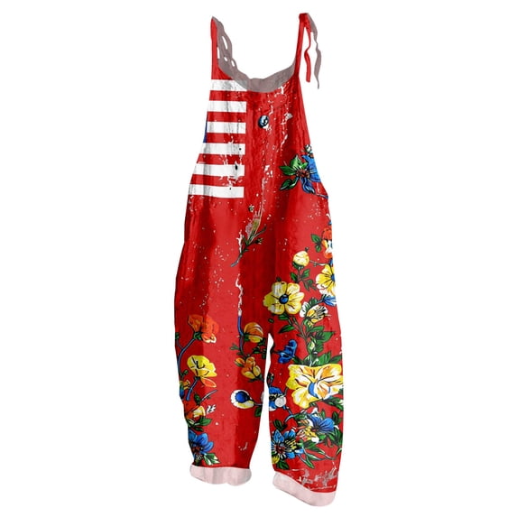 Women's Patriotic Floral Print Wide Leg Overalls Adjustable Tie Strap Linen Blend Sleeveless Jumpsuit 4th of July Casual Loose Romper Pants Red 4XL