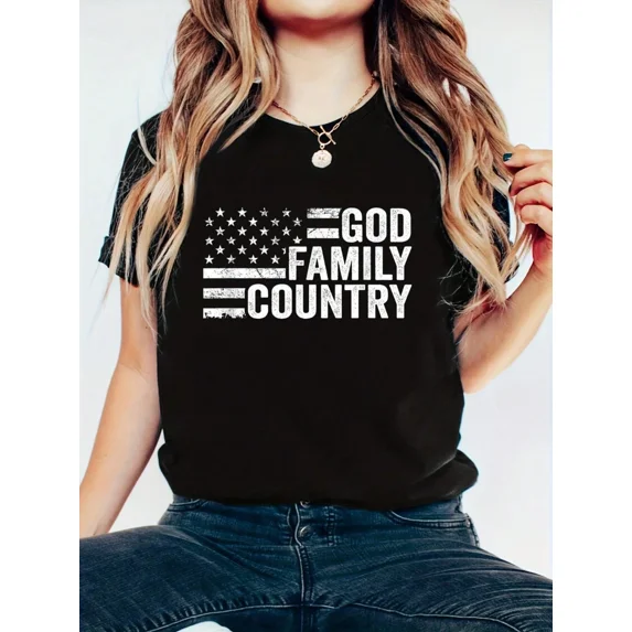 Women's Patriotic Graphic T-Shirt God Family Country American Flag Short Sleeve Tee