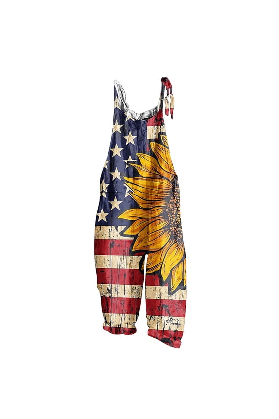 Women's Patriotic Jumpsuit - American Flag Print Adjustable Overalls
