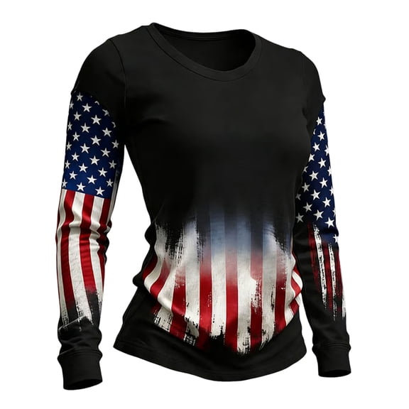 Women's Patriotic Long Sleeve T-Shirts 250th Anniversary American Flag Gradient Print Crewneck Slim Fit 4th of July Casual Tops , #01 Light Blue, L