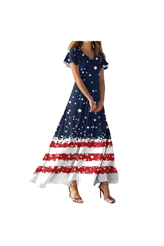 Women's Patriotic Maxi Dress USA Flag Inspired Star Print V Neck Short Sleeve Independence Day Summer Dress for Beach and Holiday Celebrations White M