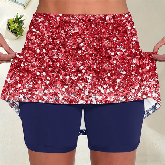 Women's Patriotic Print 2-in-1 Skort, High Waisted Tennis Skirt with Built-in Shorts and Pockets, Breathable and Comfortable for Sports, Golf and Everyday Wear Red f M