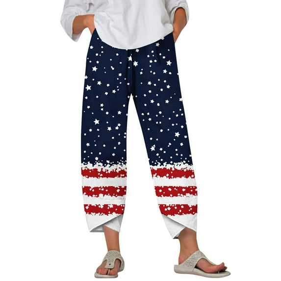 Women's Patriotic Print Pants - Summer Casual Wide Leg Elastic Waist Trousers with Pockets for Holiday & Daily Wear ,Royal Blue,S