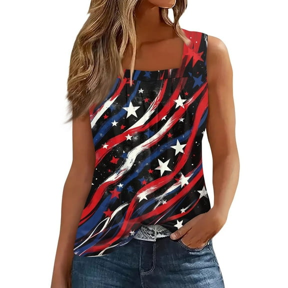 Women's Patriotic Print Square Neck Tank Top, Breezy Summer Casual Shirt for Outdoor Events or BBQs,Black S