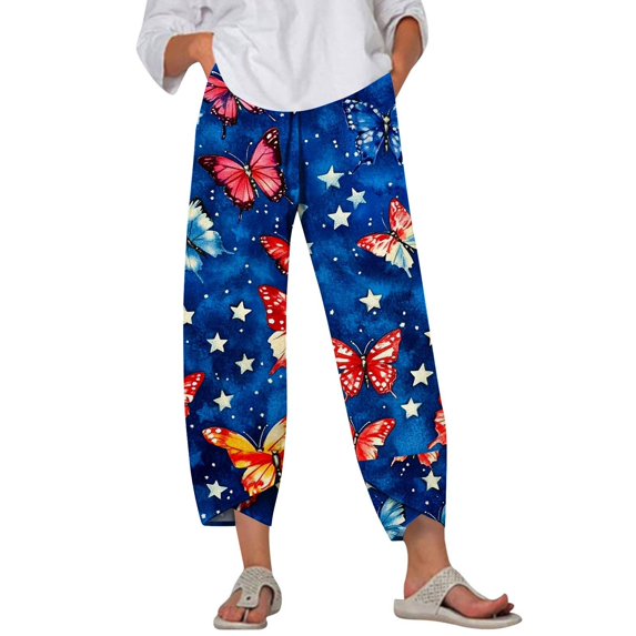 Women's Patriotic Print Wide Leg Pants - Elastic Waist Summer Casual Trousers with Pockets for Outdoor ,Blue,L
