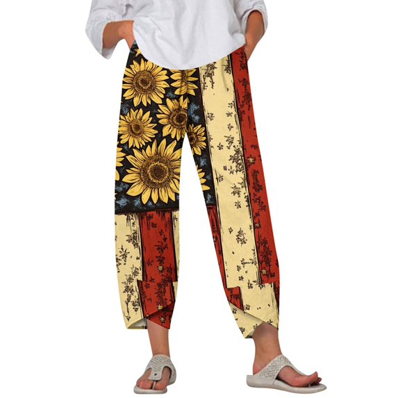 Women's Patriotic Print Wide Leg Pants - Elastic Waist Summer Casual Trousers with Pockets for Outdoor ,Ginger,L