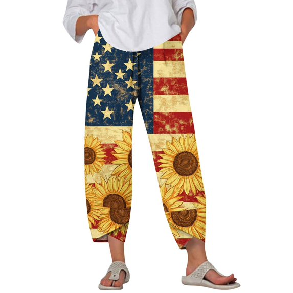 Women's Patriotic Print Wide Leg Pants - Elastic Waist Summer Casual Trousers with Pockets for Outdoor ,Yellow,L