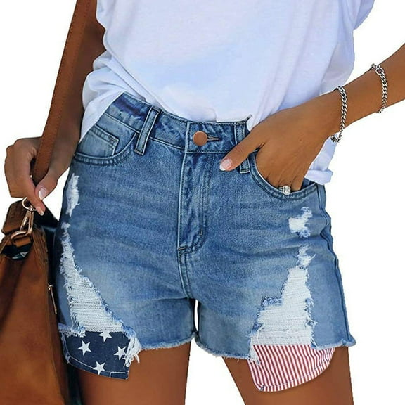 Women's Patriotic Printed Denim Bermuda Shorts 5-Inch Inseam, July 4th Star Flag Design for Summer Casual Outfits,Blue XL