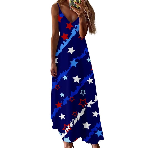 Women's Patriotic Red White Blue Star Print Maxi Dress, Loose Fit Summer Beach Sundress for Independence Day 4th of July,Deep Red S