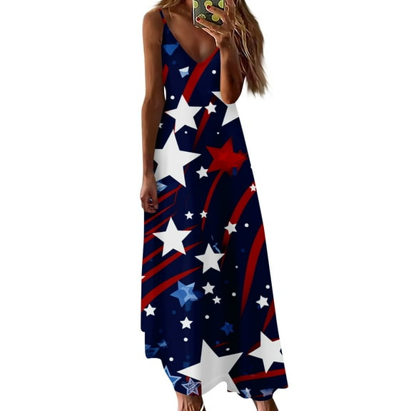 Women's Patriotic Red White Blue Star Print Maxi Dress, Loose Fit Summer Beach Sundress for Independence Day 4th of July,Red L