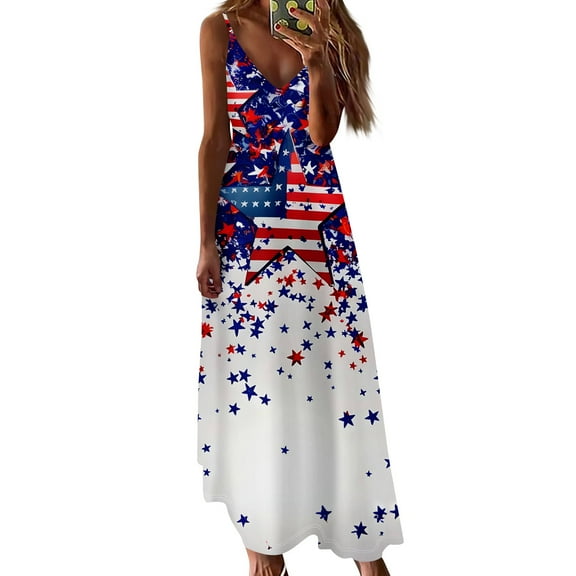 Women's Patriotic Red White Blue Star Print Maxi Dress, Loose Fit Summer Beach Sundress for Independence Day 4th of July,Royal Blue S