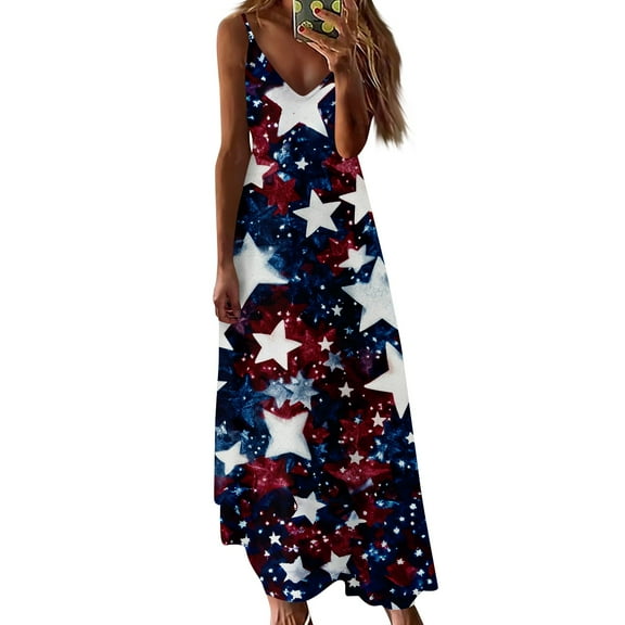 Women's Patriotic Red White Blue Star Print Maxi Dress, Loose Fit Summer Beach Sundress for Independence Day 4th of July,Sky Blue XL