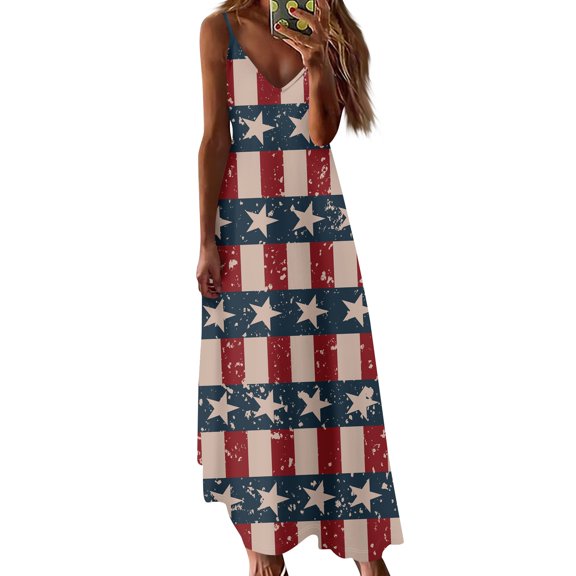 Women's Patriotic Red White Blue Star Print Maxi Dress, Loose Fit Summer Beach Sundress for Independence Day 4th of July,Wine S