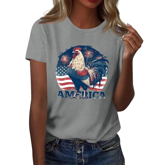 Women's Patriotic Rooster Graphic T-Shirt American Flag Print Tee Tops Independence Day Retro Americana Shirts