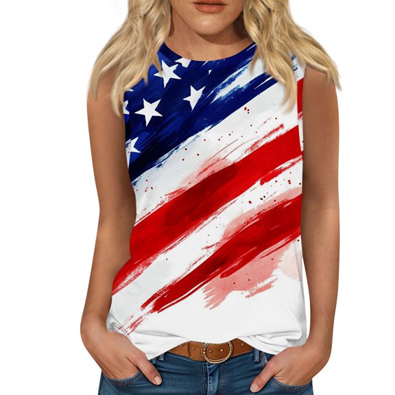 Women's Patriotic Round Neck Sleeveless Vest, Summer Casual Independence Day Print Top for Trendy & Comfortable Style,Vermilion XL