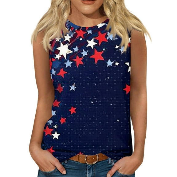 Women's Patriotic Round Neck Tank Top, Sleeveless Independence Day Print T-Shirt for Lightweight Summer Comfort,Dark Blue S