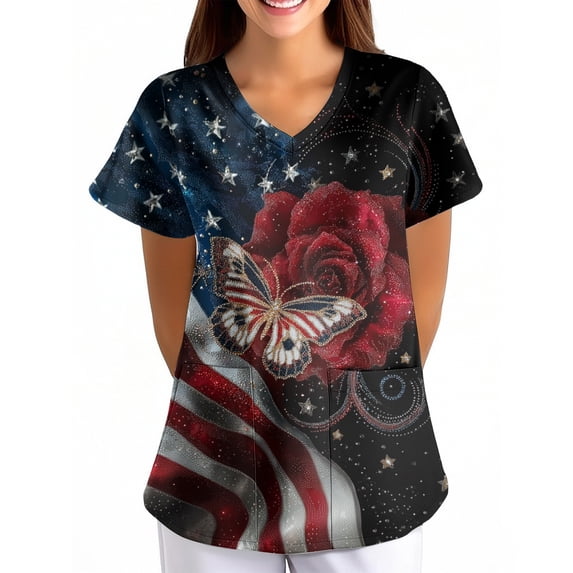 Women's Patriotic Scrub Top V-Neck Short Sleeve Stretch Hospital Top Multicolor L