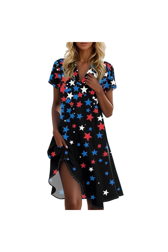 Women's Patriotic Short Sleeve V-Neck Summer Dress, American Flag Star & Stripe Print Casual Stand Collar Dress for 4th of July ,Black L