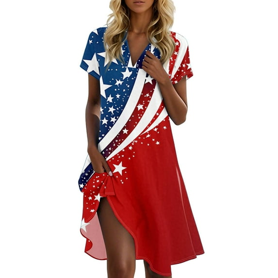 Women's Patriotic Short Sleeve V-Neck Summer Dress, American Flag Star & Stripe Print Casual Stand Collar Dress for 4th of July ,Red S
