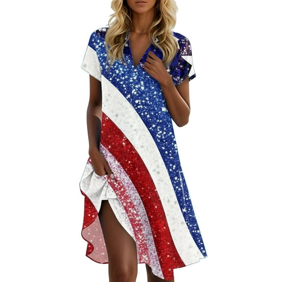 Women's Patriotic Short Sleeve V-Neck Summer Dress, American Flag Star & Stripe Print Casual Stand Collar Dress for 4th of July ,Vermilion S