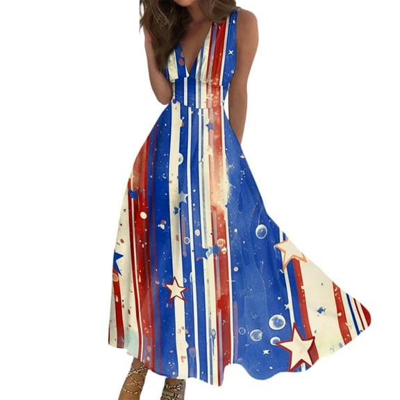 Women's Patriotic Sleeveless V-Neck American Flag Maxi Dress, Summer Beach Party Long Dress for Independence Day 4th of July,Blue M