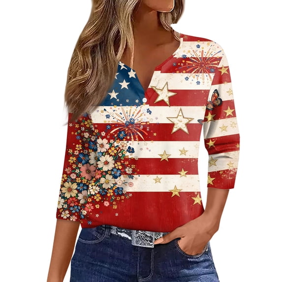 Women's Patriotic Star Print 250th Anniversary USA Shirt V-Neck Button 3/4 Sleeve T-Shirt