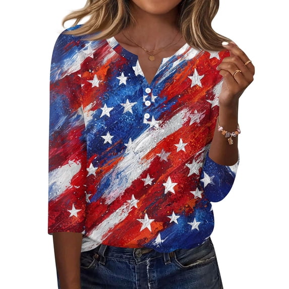 Women's Patriotic Star Print 250th Anniversary USA Shirt V-Neck Button 3/4 Sleeve T-Shirt