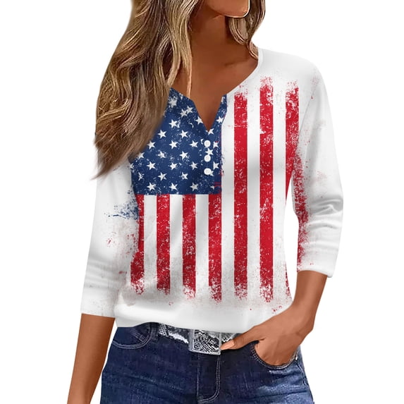 Women's Patriotic Star Print 250th Anniversary USA Shirt V-Neck Button 3/4 Sleeve T-Shirt