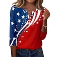 thumbnail image 1 of Women's Patriotic Star Print 250th Anniversary USA Shirt V-Neck Button 3/4 Sleeve T-Shirt, 1 of 5