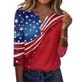 thumbnail image 1 of Women's Patriotic Star Print 250th Anniversary USA Shirt V-Neck Button 3/4 Sleeve T-Shirt, 1 of 5