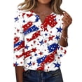 thumbnail image 1 of Women's Patriotic Star Print 250th Anniversary USA Shirt V-Neck Button 3/4 Sleeve T-Shirt, 1 of 5