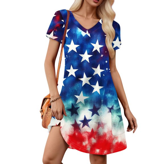 Women's Patriotic Star Print Casual T-Shirt Dress Short Sleeve USA Flag Inspired Summer Dress for Independence Day