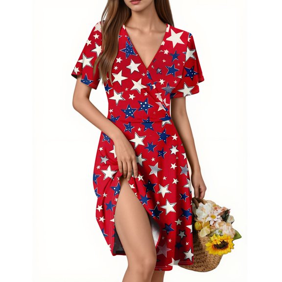 Women's Patriotic Star Print Midi Dress, Sexy V-Neck Short Sleeve Summer Casual Sundress for Beach Outings Independence Day 4th of July Celebrations,Hot Pink S