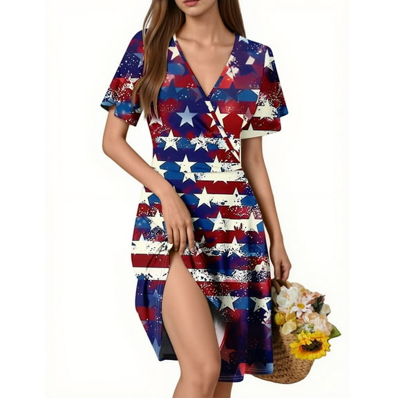Women's Patriotic Star Print Midi Dress, Sexy V-Neck Short Sleeve Summer Casual Sundress for Beach Outings Independence Day 4th of July Celebrations,Watermelon Red XL